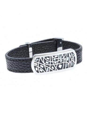 Bracelet acier & cuir noir